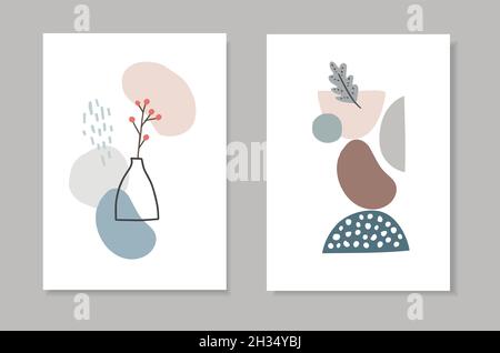 Trendy set d'inverno, biglietti d'auguri d'autunno, inviti. Foglia di quercia e vaso con frutti di bosco. Forme geometriche astratte. Disegni moderni e minimalisti, pareti Illustrazione Vettoriale