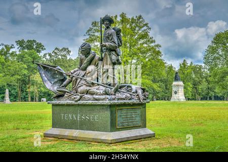 Il monumento del Mississippi sul campo di battaglia del parco militare nazionale di Shiloh in Tennessee. Foto Stock