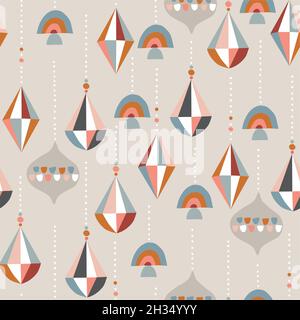 Splendido motivo invernale senza cuciture. Appendere ornamenti di Natale, baubles. Sfere, diamanti e forme dell'arcobaleno. Design retrò per tessuti, scrapbooking, regalo Illustrazione Vettoriale
