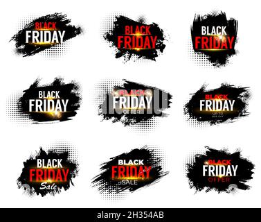 Striscioni in vendita per il black friday, offerte per il weekend e etichette promozionali con blob halftone. Tag promozionali Vector grunge per sconto prezzo, sconto con gr Illustrazione Vettoriale