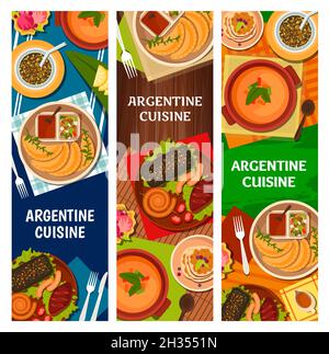 Piatti argentini banner vettoriali con carne alla griglia, verdure, dessert e yerba mate. Salsicce di chorizo alla griglia, empanadas di torta di maiale e zuppa di mais, Illustrazione Vettoriale