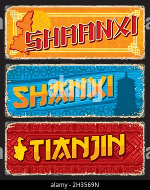 Tavole delle province di Shaanxi, Tianjin, Shanxi Chinesse. Cina regioni e territori vintage viaggio adesivi, vettore teglia segni con le province mappa sagome Illustrazione Vettoriale