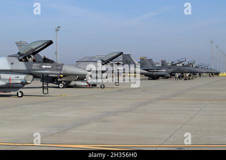 Gli aerei statunitensi del 336esimo Squadrone del Fighter, 4th Fighter Wing, Seymour Johnson Air Force base, North Carolina, preparano le loro aquile F-15E Strike per una serie di allenamenti integrati durante Operation Castle Forge insieme agli aerei F-16 del 53esimo Squadrone del Fighter della Romanian Air Force, Borcea 86th Air base, Romania, 22 ottobre 2021. Castle Forge è un'operazione congiunta, multi-nazionale, condotta dalle forze aeree europee e dall'Africa degli Stati Uniti. Fornisce un ambiente di formazione dinamico e incentrato sulla partnership che aumenta l'impegno degli Stati Uniti per la difesa collettiva nella regione del Mar Nero, migliorando allo stesso tempo Foto Stock