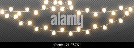 Luci di Natale. Ghirlande gialle realistiche. Lampadine per poster o biglietti d'auguri. Elementi luminosi per decorazioni per le vacanze. Vettore Illustrazione Vettoriale