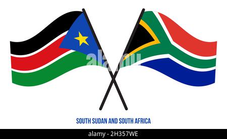 South Sudan e South Africa Bandiere attraversate e ondeggianti stile piatto. Proporzione ufficiale. Colori corretti. Foto Stock