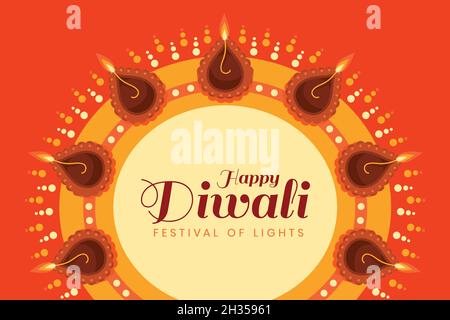 Carta da parati di Diwali Festival con cerchio modello di Diya di luci. Illustrazione Vettoriale