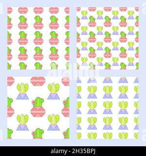 Set vettoriale di quattro modelli senza giunture con cactus in vasi di fiori. Collezione di colori Flat Style. Illustrazione Vettoriale