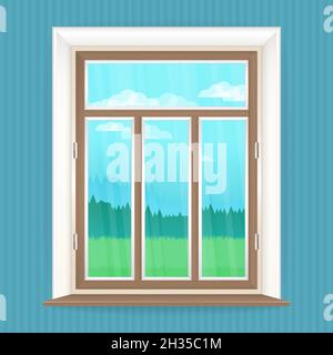 Illustrazione con finestra in legno in stile realistico e il paesaggio rustico fuori dalla finestra. Sfondo vettoriale. Illustrazione Vettoriale