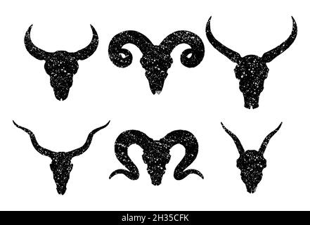 Set vettoriale di sei teschi disegnati a mano di animali corni: Bufala selvaggia, toro, antilope, arieti e torrone su sfondo bianco. Silhouette nere con grunge Illustrazione Vettoriale