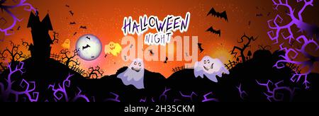 Illustrazione vettoriale con castello sinistro, fantasma, pipistrelli e testo su sfondo notturno con luna piena. Notte di Halloween. Illustrazione Vettoriale