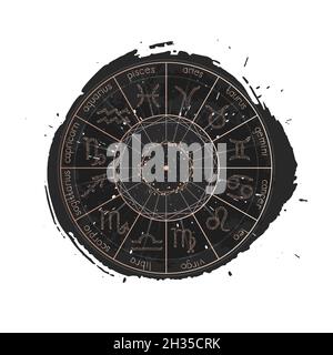 Illustrazione vettoriale di segni zodiacali e cerchio di oroscopo su uno sfondo di inchiostro grunge. Immagine in oro e nero. Illustrazione Vettoriale