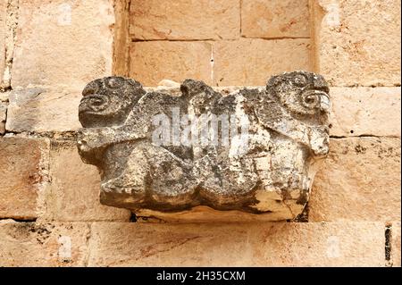 Scultura jaguar a due teste sulla parete del Nunnery Quadrangle, Uxmal, Yucatan, Messico Foto Stock