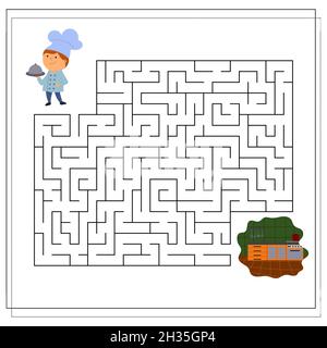Un gioco logico per i bambini, passare attraverso il labirinto, cucinare in cucina. Vettore isolato su uno sfondo bianco Illustrazione Vettoriale