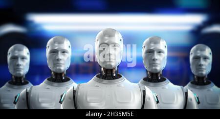 gruppo di rendering 3d di robot o cyborg di intelligenza artificiale Foto Stock