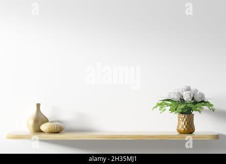 Ripiano in legno giallo con bouquet di rose bianche in vaso di rame su parete bianca, arredamento casa, sfondo interno 3d rendering Foto Stock