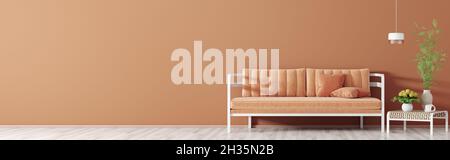 Interno del soggiorno con divano in velluto corallo, tavolino da caffè e lampada panorama 3d rendering Foto Stock