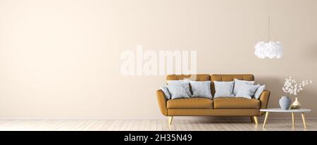 Interno del soggiorno con divano arancione sul pavimento in legno beige, tavolino e luce, panorama 3d rendering Foto Stock