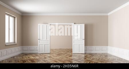 Classico interno di appartamento vuoto con due camere, porte aperte, finestra, pareti beige con pannelli bianchi e parquet rendering 3d pavimento in legno Foto Stock