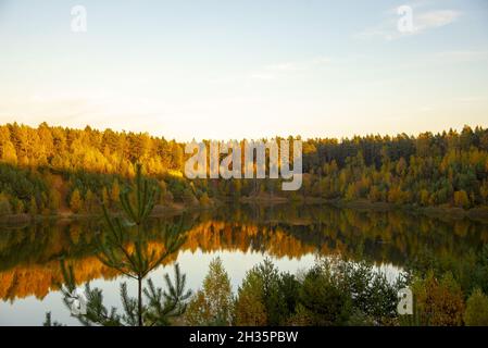 La foresta giallognola si riflette sulla superficie del lago, illuminata dalla luce del sole. Paesaggio autunnale. Foto Stock
