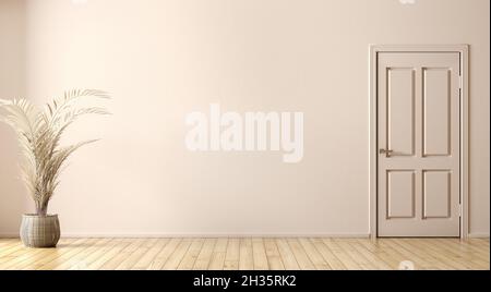 Spazio vuoto sfondo interno, porta, parete beige, vaso con ramo sul pavimento in parquet giallo 3D rendering Foto Stock