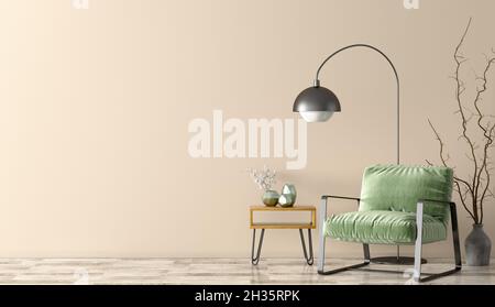 Interno del soggiorno con tavolino da caffè e poltrona verde, disegno casa 3d rendering Foto Stock