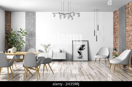 Interni di moderna sala da pranzo o soggiorno, casa scandinava design con tavolo in legno e sedie grigie contro parete bianca 3D rendering Foto Stock