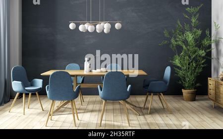 Design interno di sala da pranzo moderna, tavolo in legno e sedie blu  contro parete di cemento nero 3d rendering Foto stock - Alamy