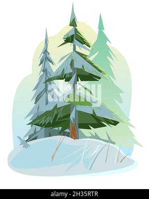 Pino giovane. Paesaggio invernale isolato. Alberi di conifere nella neve. Bel tempo di gelo. Orizzonte lontano. Illustrazione in stile cartoon design piatto Illustrazione Vettoriale