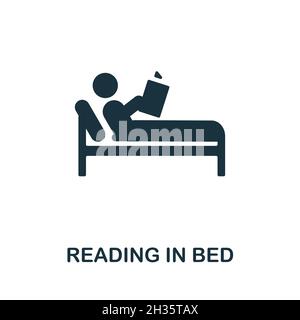 Icona lettura nel letto. Segnale monocromatico dalla raccolta del regime ospedaliero. Lettura creativa nel letto immagine icona per il web design, infografica e altro ancora Illustrazione Vettoriale