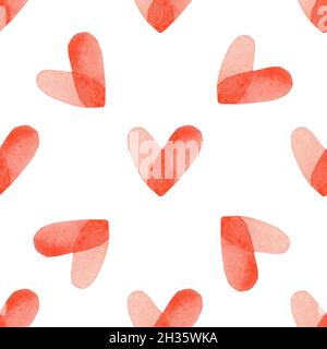 Motivo senza cuciture con cuori rossi e luminosi dipinti a mano ad acquerello. Sfondo decorativo romantico perfetto per il giorno di San Valentino carta regalo, decorazioni per matrimoni o tessuti Foto Stock