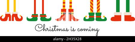 Natale sta arrivando banner poster modello orizzontale. Scarpe e stivali per piedi elfi. Nano Elf gnome. Babbo Natale aiutanti. Carino cartone animato di Natale Illustrazione Vettoriale