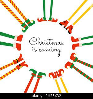 Natale sta arrivando il modello di disegno della scheda. Biglietto di auguri quadrato con piedi e gambe carini di elfo. Scarpe e stivali per piedi elfi. Nano Elf gnome. Santa Illustrazione Vettoriale