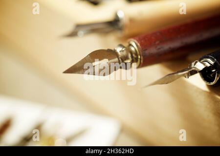 Pennini per calligrafia in una scatola di legno. Foto Stock
