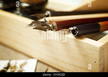 Pennini per calligrafia in una scatola di legno. Foto Stock