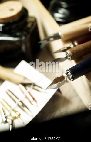 Pennini per calligrafia in una scatola di legno. Foto Stock