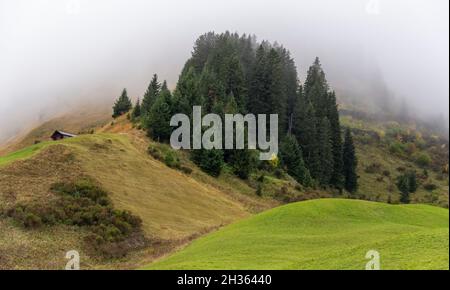 Idilliaco scenario di aurna intorno a Warth, un comune del distretto di Bregenz, nello stato federato del Vorarlberg Foto Stock