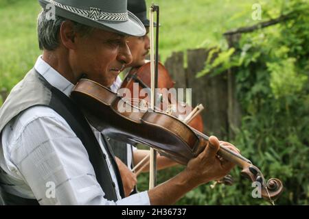 Mociu Commune, Cluj-Napoca, Romania, 6 giugno 2009: Band gitana che si esibisce in occasione di un matrimonio a Mociu Commune, Cluj-Napoca. Foto Stock