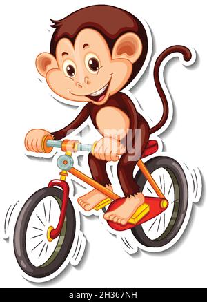 Monkey corre una bicicletta cartoon personaggio illustrazione di un adesivo Illustrazione Vettoriale