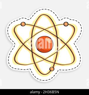 Icona cartoon di Doodle Atom. Gli elettroni ruotano intorno al protone in orbite. Educazione scolastica in fisica. Energia nucleare. Vettore isolato su backgroun bianco Illustrazione Vettoriale