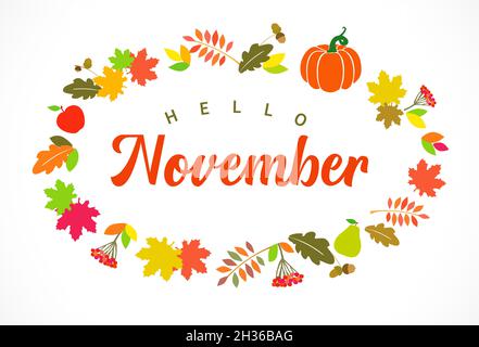 Ciao saluti di novembre. Corona creativa. Testo calligrafico rosso, arancione ed elementi vegetali. Foglie di acero, quercia e rowan, cornice decorativa. Isolato a Illustrazione Vettoriale