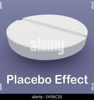 Illustrazione 3D di una pillola bianca insieme all'effetto stampa placebo, isolato su sfondo blu chiaro. Foto Stock