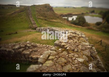 Le rovine del Roman Mile Castle 42 vicino a Cawfield Quarry, Hadrian's Wall, Northumberland, Regno Unito. Foto Stock