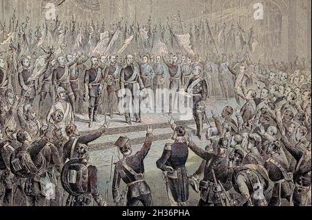 Il 18 gennaio 1871, la proclamazione del re di Prussia all'imperatore tedesco ebbe luogo a Versailles, Francia / em 18. Januar 1871 fand die Proklamation des Koenigs von Preussen an den Deutschen Kaiser in Versailles, Frankreich, statt, Historisch, Historical, Digitale migliorata la riproduzione di un originale del 19 ° secolo / digitale Reproduktion einer Originalvorlage aus dem 19. Jahrhundert, Koloriert, Kolorierung, koloriert, handkoloriert, Colore a mano, colore a mano, colore Foto Stock