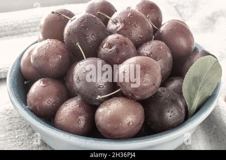 Prugne rosse mature in un piatto di ceramica blu Foto Stock