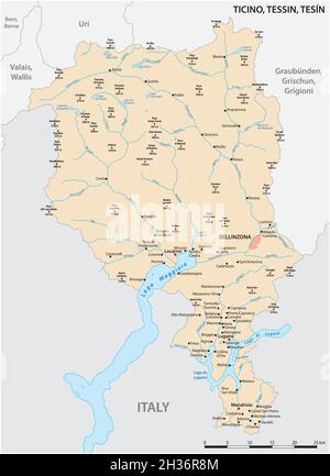 Mappa vettoriale del cantone svizzero del Ticino con le città più importanti Illustrazione Vettoriale