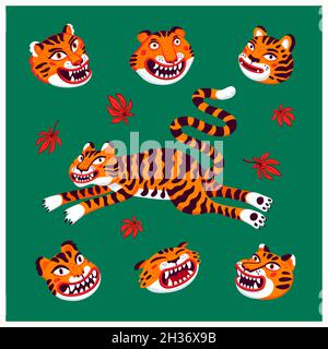 Tiger vettore set, saltando tigre e tigre teste in stile cartoon asiatico. Illustrazione vettoriale di stile piatto organico. Illustrazione Vettoriale