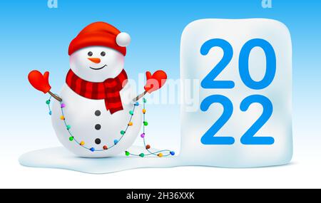 Snowman con luci di Natale in piedi sul ghiaccio con 2022 lettere. Xmas biglietto d'auguri disegno vettoriale, con uomo allegro neve. Illustrazione Vettoriale