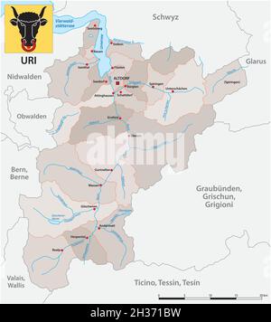 Mappa amministrativa vettoriale del cantone svizzero di Uri con bandiera Illustrazione Vettoriale