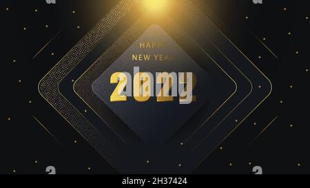 Felice anno nuovo 2022 numero d'oro su sfondo scuro modello per biglietti d'auguri, poster per feste, striscioni. Disegno di illustrazione vettoriale. Illustrazione Vettoriale