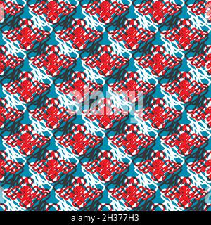 Astratto tessuto tessuto vettoriale pattern sfondo texture. Sfondo blu rosso con anelli incrociati di filo filato a crochet. Testurizzato con graffiatura Illustrazione Vettoriale